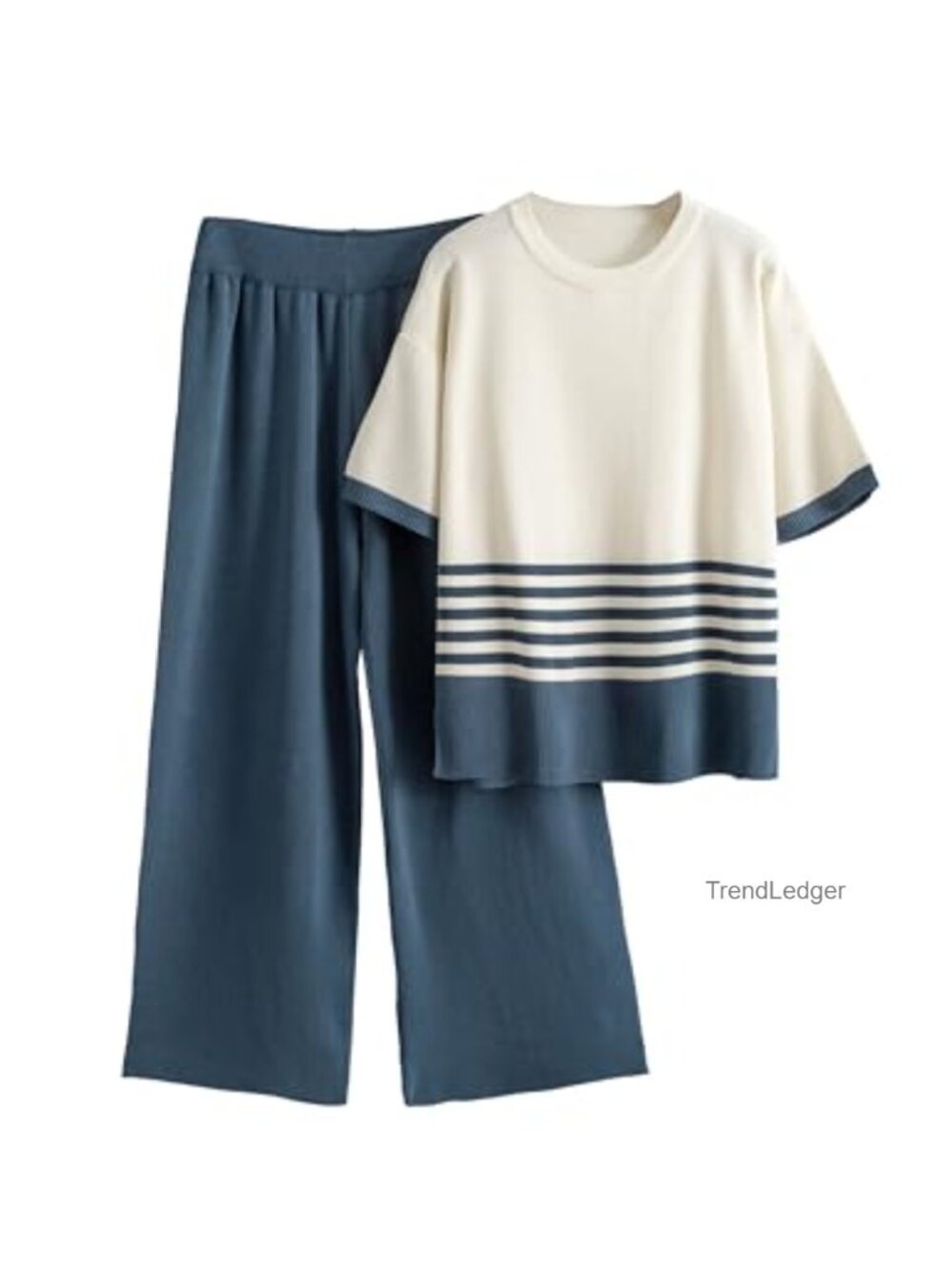 Women's 2 Piece Lounge Set Striped Short Sleeve Top Wide Leg Pants Knit